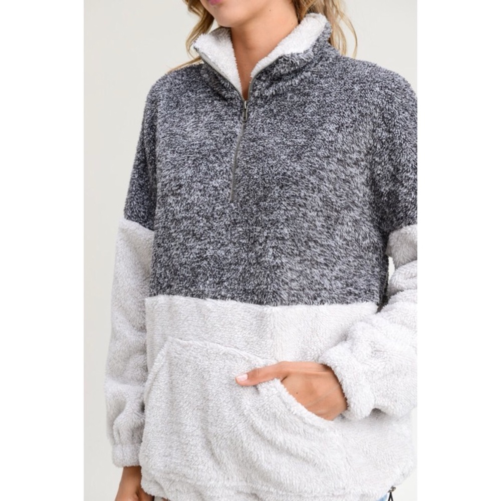 Two Tone Fuzzy Pull Over Sweater - Charcoal/Grey - Picture 5 of 6